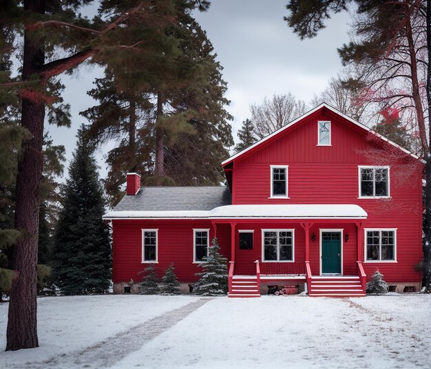 casa roja en la nieve