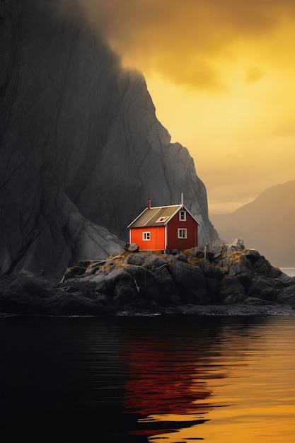 Foto casa roja en la orilla en estilo escandinavo