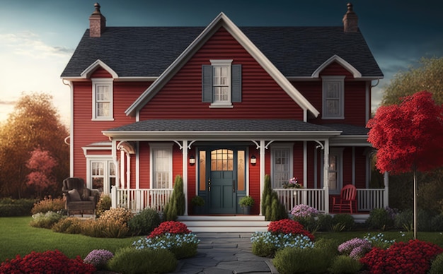 Una casa roja con un porche y un porche con una puerta azul.