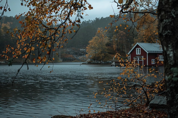 Una casa roja sentada en la parte superior de un lago junto a un bosque