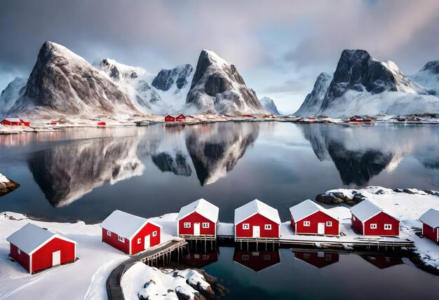 Foto una casa roja con un techo blanco se sienta frente a una montaña