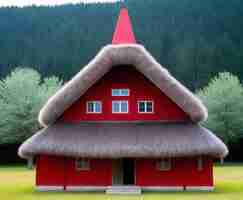 Foto una casa roja con un techo de paja y un tejo de paja
