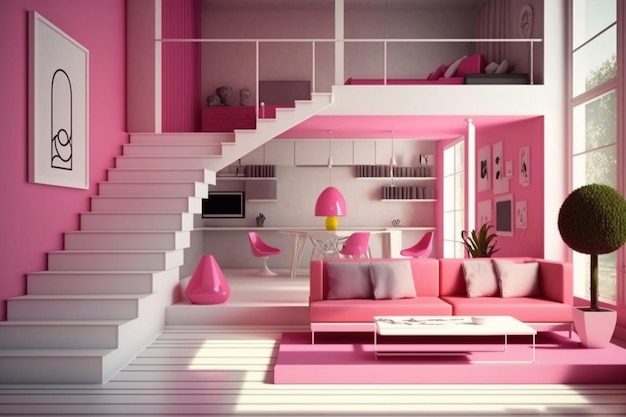 Una casa rosa y blanca con un sofá rosa y una mesa de centro.