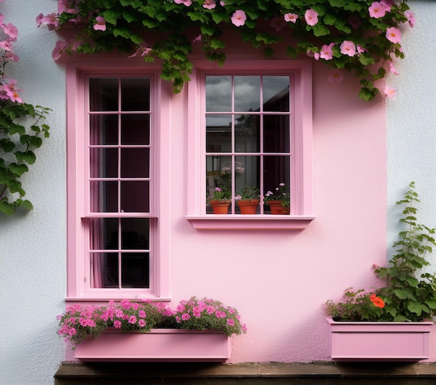 casa rosa com linda janela em um jardim com parede branca