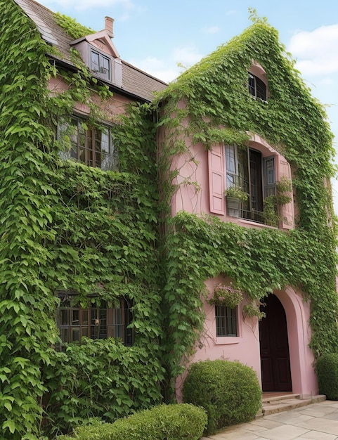 Casa rosa con flores de plantas trepadoras que cubren sus paredes y jardines.