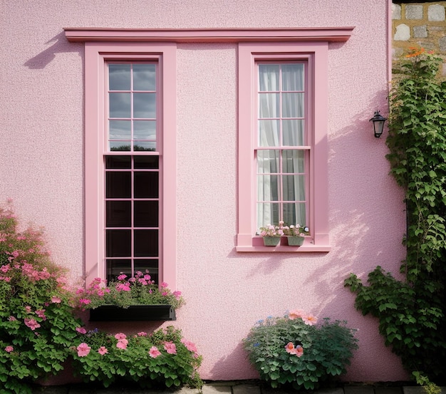casa rosa con hermosa ventana en un jardín con una pared blanca