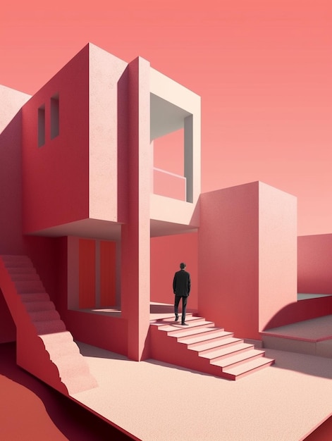 Una casa rosa con un hombre parado frente a ella.