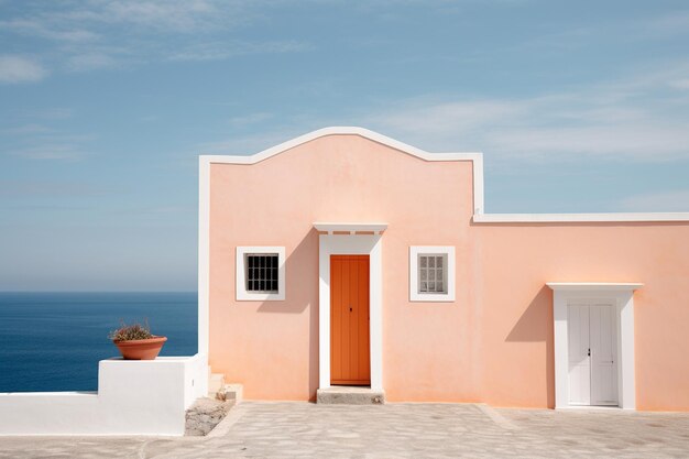 una casa rosa con una puerta roja y una maceta en el frente.