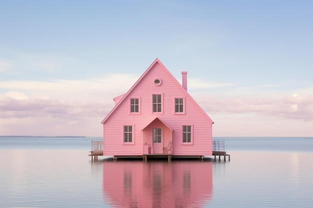 Una casa rosa situada sobre una masa de agua IA generativa