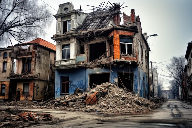 Casa en ruinas en la ciudad Concepto de la guerra mundial