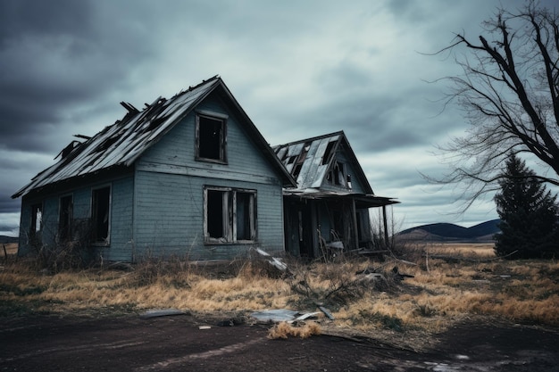 Casa ruinosa abandonada bajo un cielo sombrío