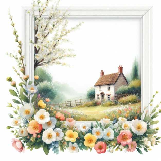 Una casa rural en medio de una colorida ilustración de flores de primavera