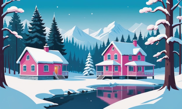 Casa rural rosa na clareira da floresta de inverno perto de um lago congelado ilustração de desenho animado