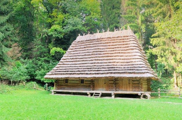 Casa rural tradicional ucraniana con techo de paja
