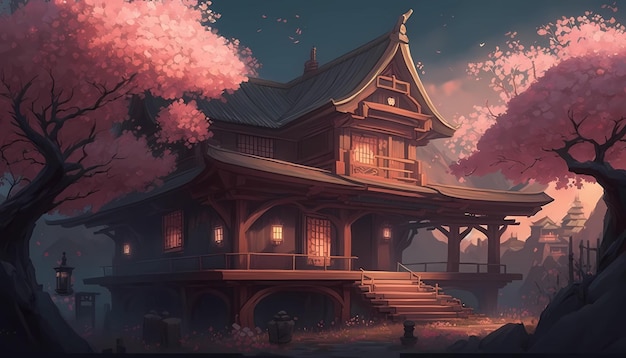 Casa rústica asiática construida cerca de la ilustración de arte digital del árbol de flor de cerezo