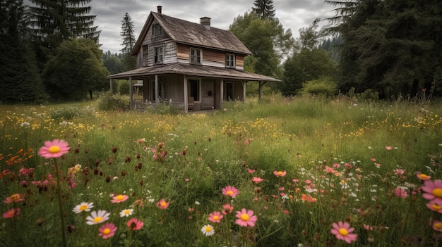 Casa rústica en un prado lleno de flores