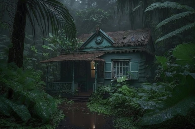 Una casa en la selva con las luces encendidas