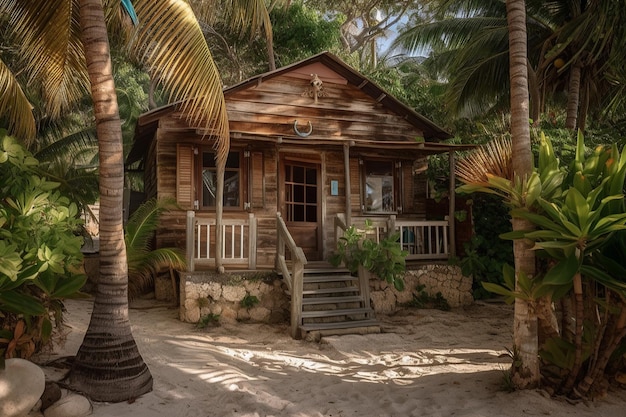 Una casa en la selva con palmeras al fondo.