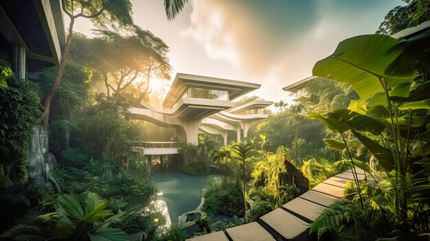 Una casa en la selva con un puente y una casa al fondo