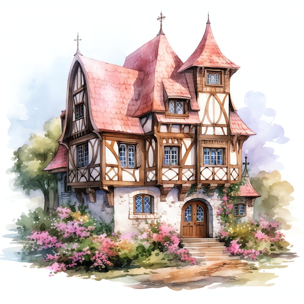 Casa senhorial fantasia de aquarela medieval