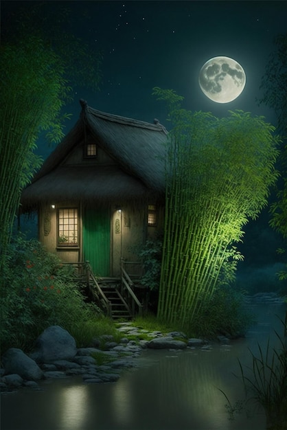 Casa sentada ao lado de um corpo de água sob uma lua cheia generativa ai
