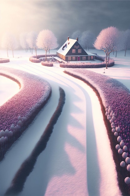 Casa sentada no meio de um campo coberto de neve generativo ai