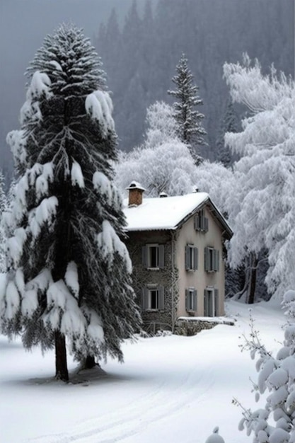 Casa sentada no meio de uma floresta coberta de neve generativa ai