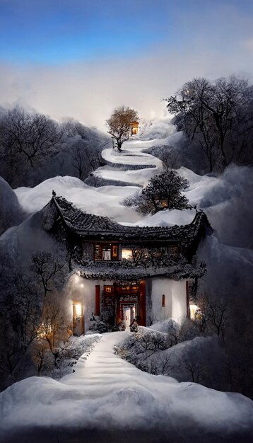 Casa sentada no topo de uma colina coberta de neve generativa ai