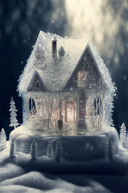 Casa sentada no topo de uma colina coberta de neve generativa ai
