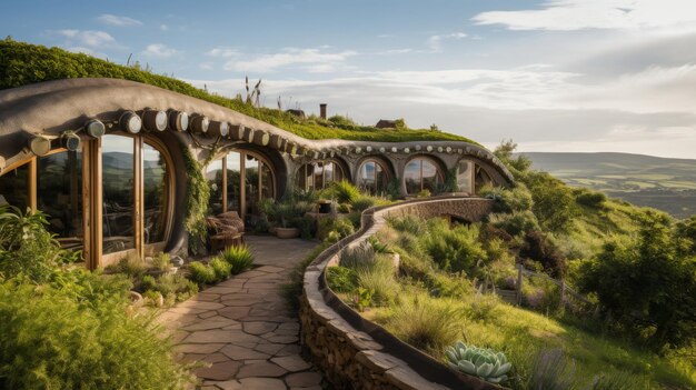 Una casa serena en la cima de una colina conectada por una pasarela sinuosa que ofrece un retiro pacífico