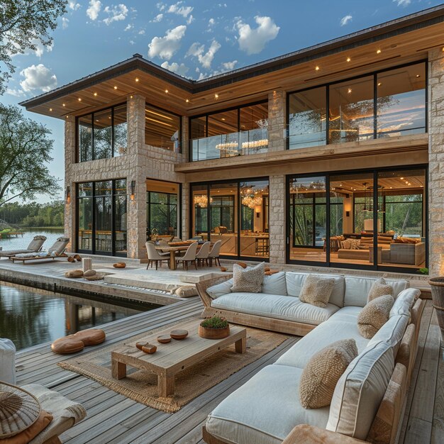 Foto casa serena en el lago con vistas panorámicas y espacios de vivienda abiertos