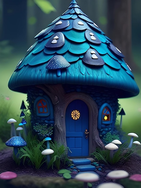 casa de setas azules en un jardín de hadas