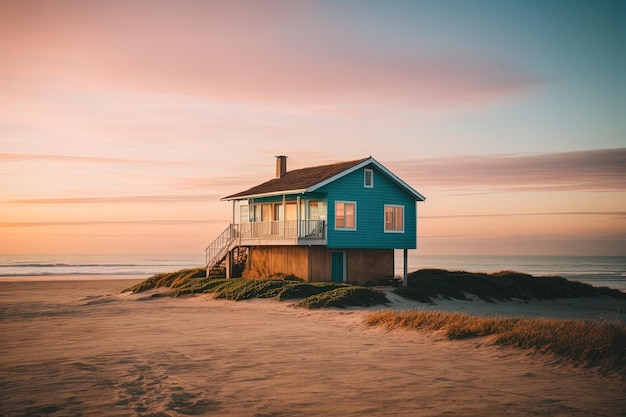 Foto casa simple en el borde de una playa cálida y hermoso amanecer