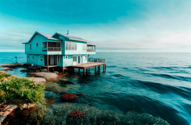 Foto casa sobre el agua edificio residencial aislado en el mar océano ia generativa