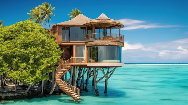 Una casa sobre el agua con escaleras que conducen al océano.