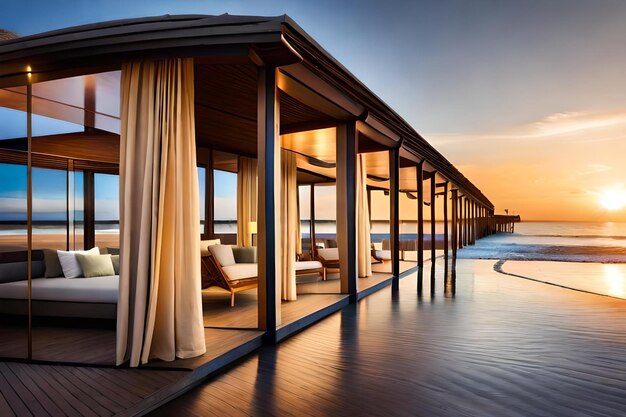 Una casa sobre el agua con vista al océano y al atardecer.