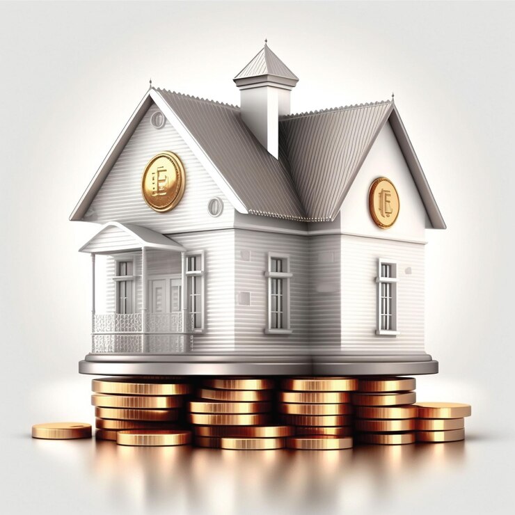 Una casa sobre una pila de monedas con una casa encima.