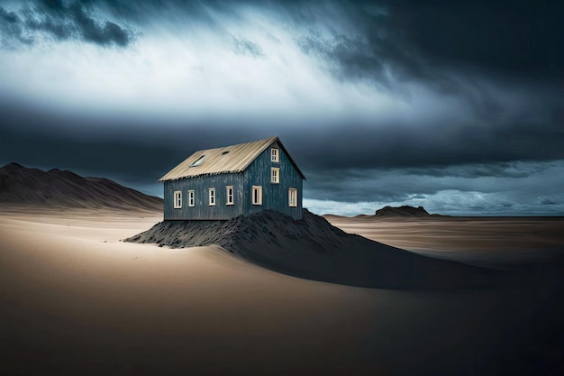 Casa solitaria en la playa de islandia contra el cielo azul oscuro