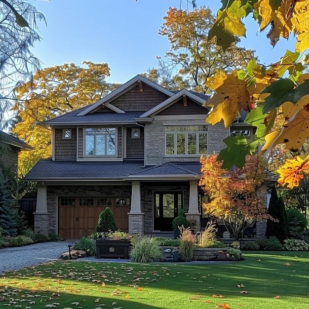 Casa suburbana desde el jardín delantero a principios del otoño cuando las hojas comienzan a girar