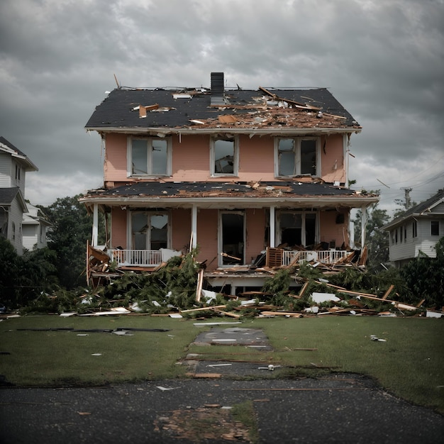 Casa suburbana en ruinas después del huracán