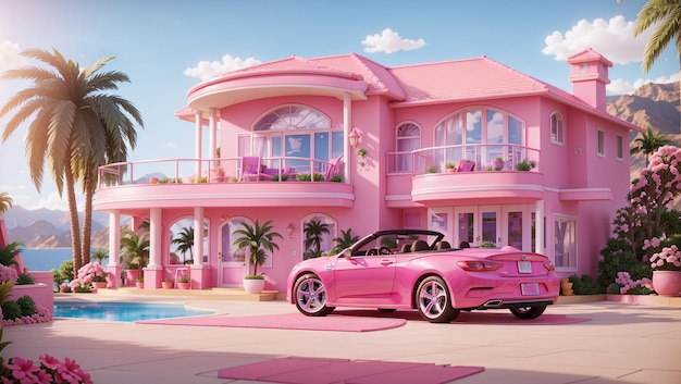 La casa de los sueños de Barbie con un coche rosa