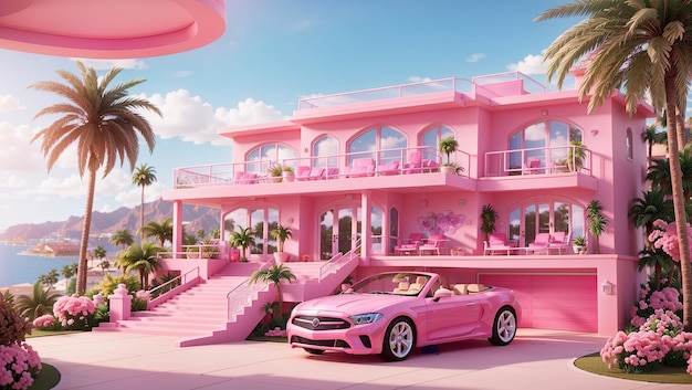 La casa de los sueños de Barbie con un coche rosa