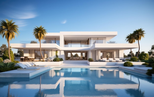 una casa de súper lujo con un tema blanco y un proyecto inmobiliario de piscina