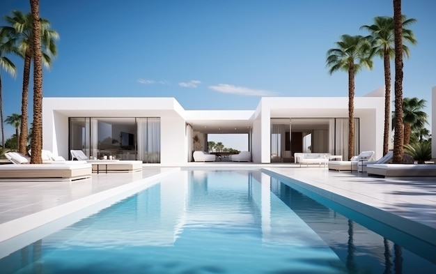 una casa de súper lujo con un tema blanco y un proyecto inmobiliario de piscina