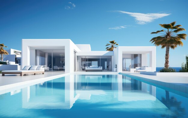 una casa de súper lujo con un tema blanco y un proyecto inmobiliario de piscina