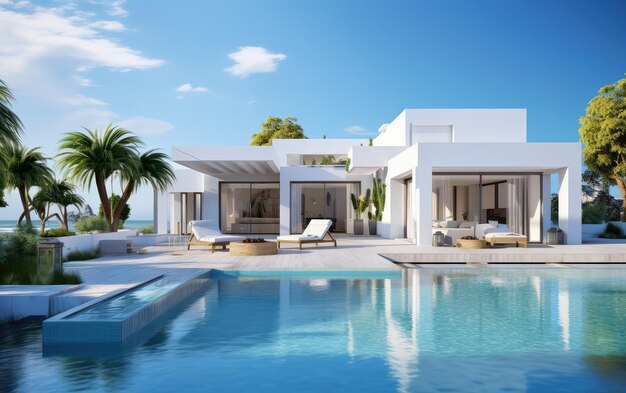 una casa de súper lujo con un tema blanco y un proyecto inmobiliario de piscina