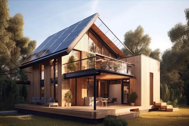 Casa sustentável com painéis solares na IA generativa do telhado
