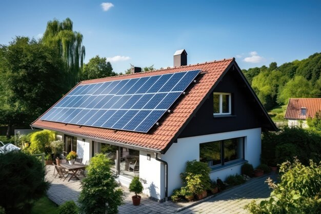 Casa sustentável com painéis solares no banner do telhado