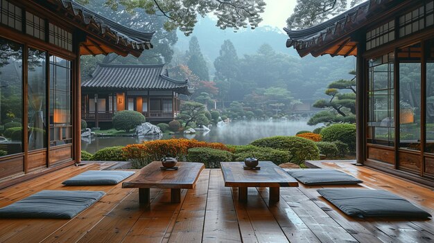 Foto casa de té tradicional con arquitectura de madera y vistas pacíficas al jardín