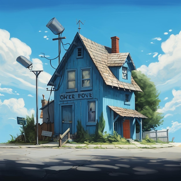 una casa con un techo azul y un letrero